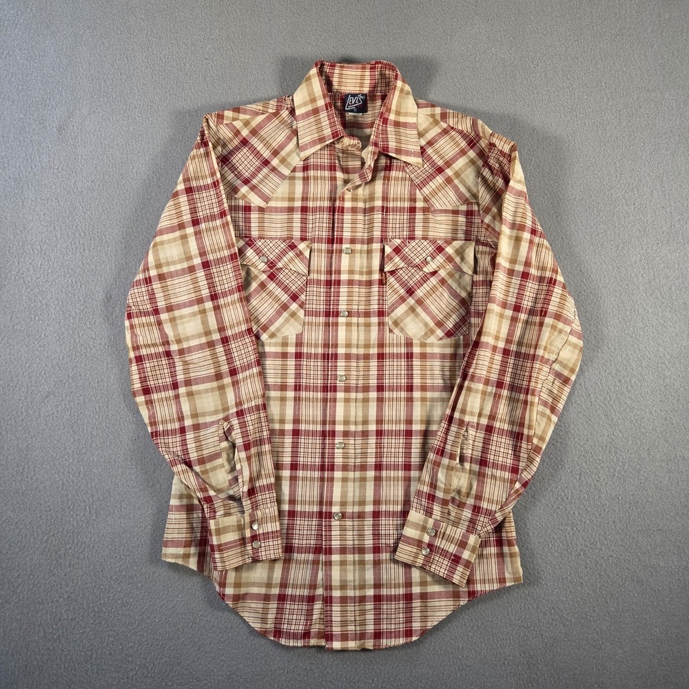 Vintage Levis Shirt Mens Small Red Plaid Western Pearl Snap Gold Sawtooth
